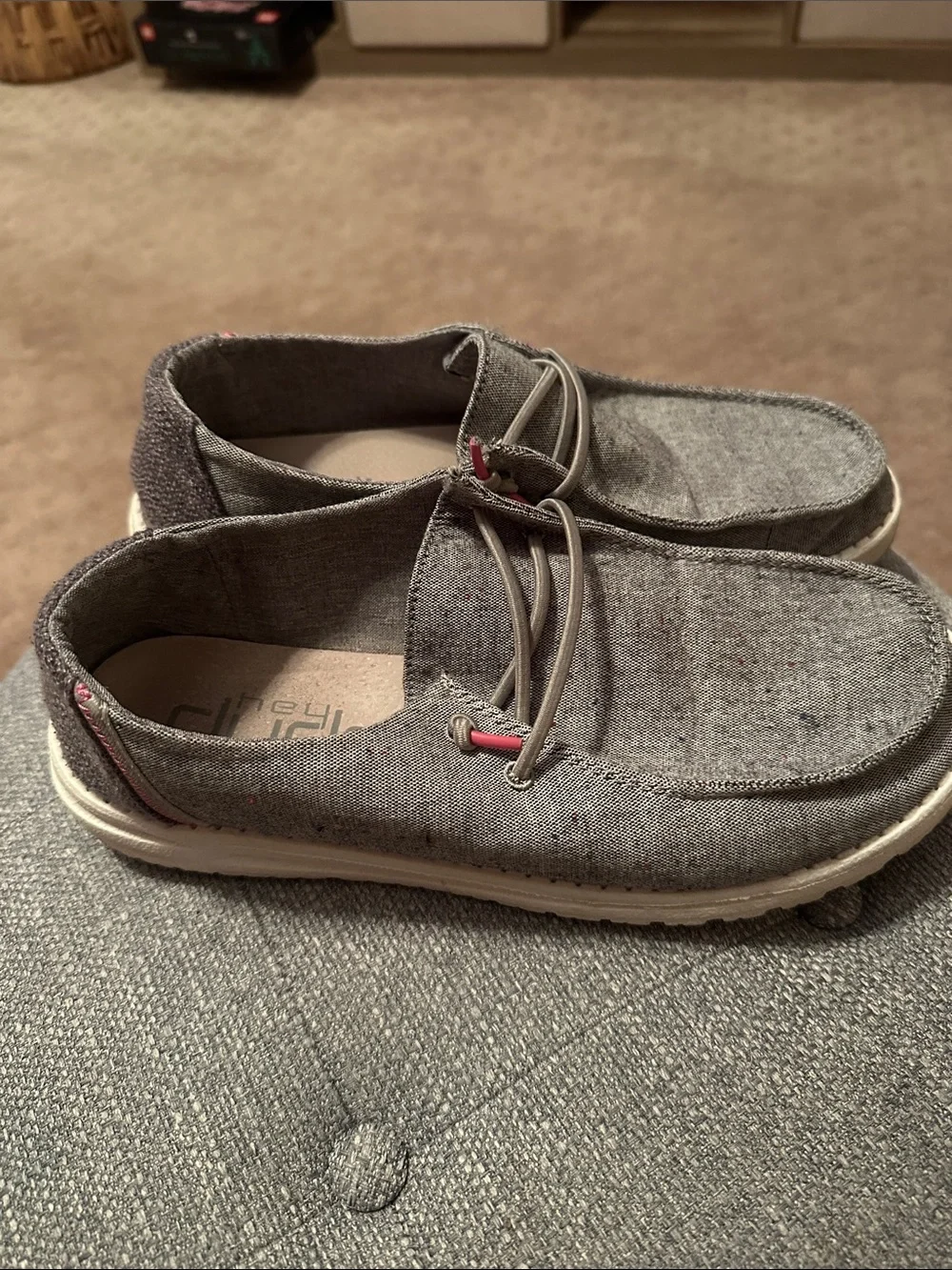 Hey Dude Women’s Grey Canvas Slip-On Flats with Pink Accents